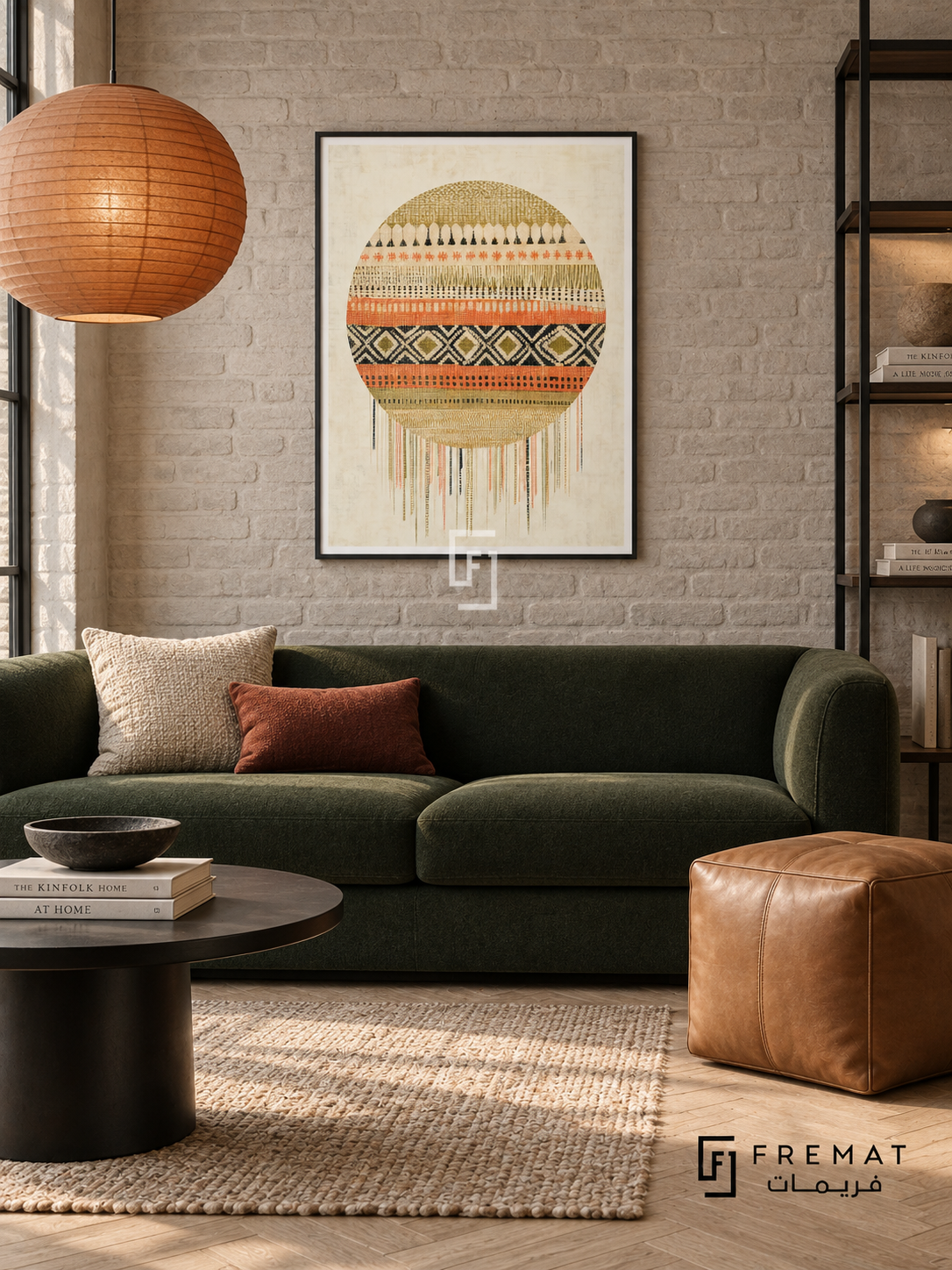 Textile Sun by FREMAT in a matte black PVC frame with a flat white printed border. Textured metropolitan den: pale warm-grey brick wall, 160cm bottle-green wool settee, black steel round table left, tan leather cube stool, light herringbone floor, broad overcast light and orange paper shade.