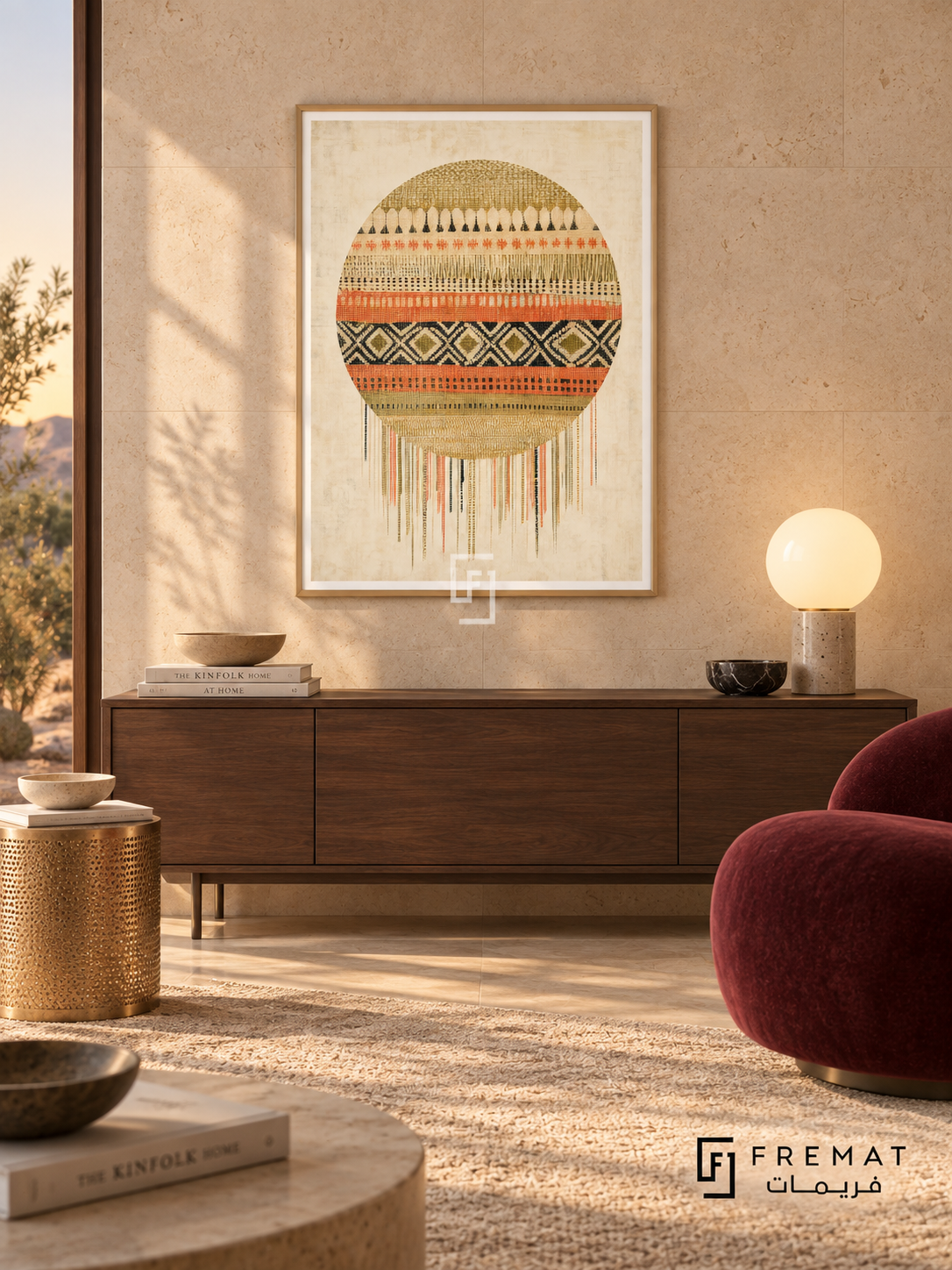 Textile Sun by FREMAT in a champagne gold PVC frame with a flat white printed border. Desert modern salon: buff limestone wall, 155cm dark walnut sideboard, burgundy curved chair right, champagne metal mesh stool left, pale sandy rug, warm lateral dusk light and opal globe lamp.