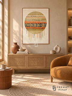 Textile Sun by FREMAT in a light natural wood PVC frame with a flat white printed border. Earthy textile reading nook: warm ivory rammed-earth wall, 150cm pale oak woven-front console, ochre canvas chair right, clay-tile plinth table left, cream braided rug, low golden morning light and sculptural stoneware.