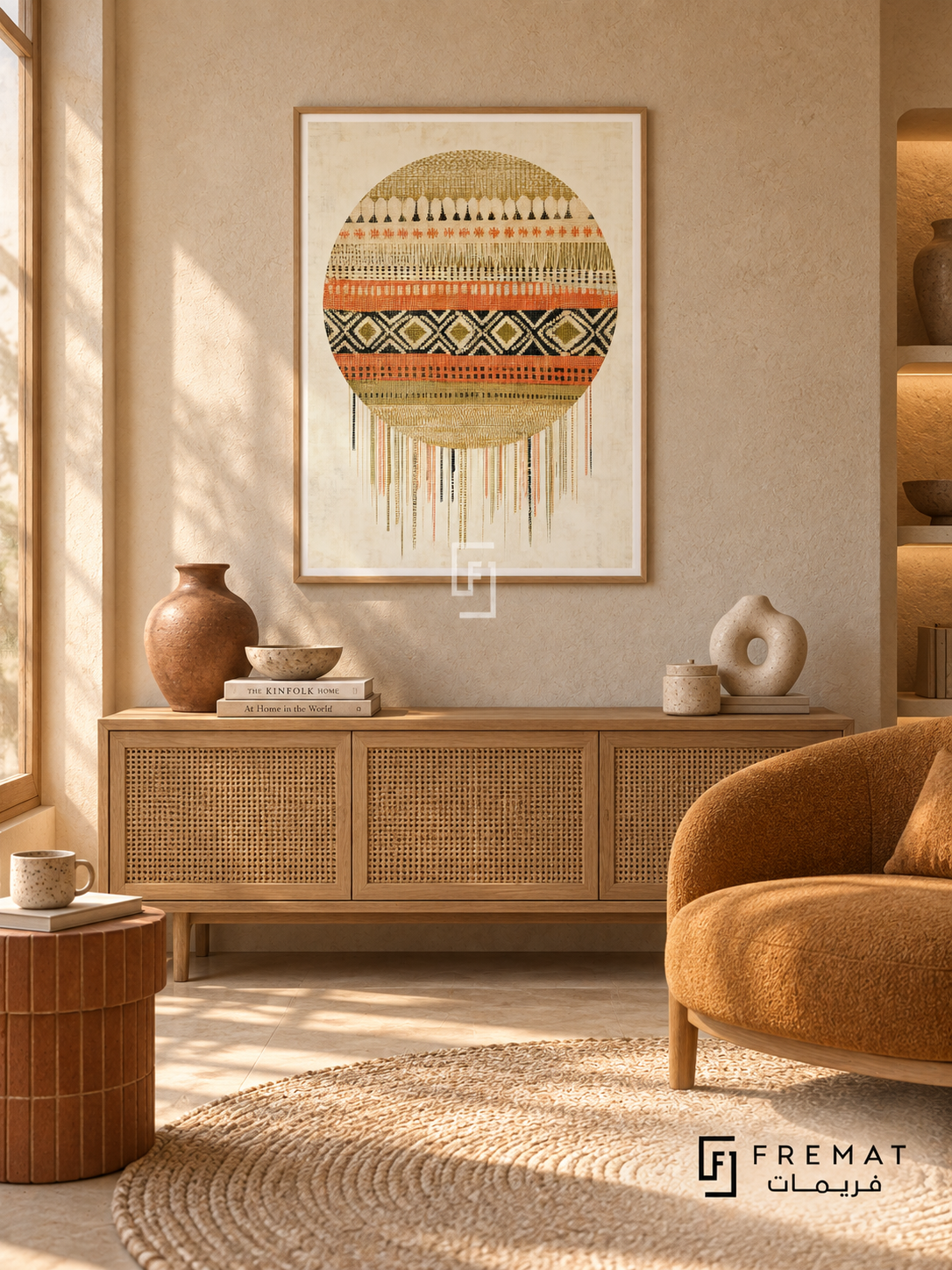Textile Sun by FREMAT in a light natural wood PVC frame with a flat white printed border. Earthy textile reading nook: warm ivory rammed-earth wall, 150cm pale oak woven-front console, ochre canvas chair right, clay-tile plinth table left, cream braided rug, low golden morning light and sculptural stoneware.