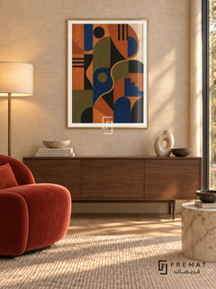 Colour Rhythm by FREMAT in a champagne gold PVC frame with a flat white printed border. Collected contemporary salon: pale stone grasscloth wall, 155cm walnut credenza, deep coral velvet armchair left, cream marble cylinder table right, blond parquet, warm shaded lamp and late-afternoon sun.