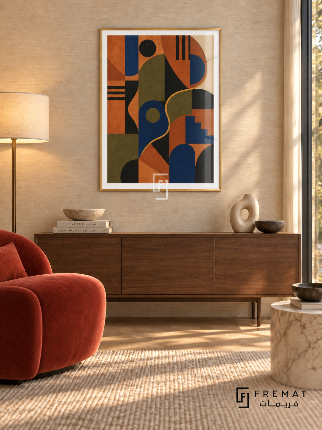Colour Rhythm by FREMAT in a champagne gold PVC frame with a flat white printed border. Collected contemporary salon: pale stone grasscloth wall, 155cm walnut credenza, deep coral velvet armchair left, cream marble cylinder table right, blond parquet, warm shaded lamp and late-afternoon sun.