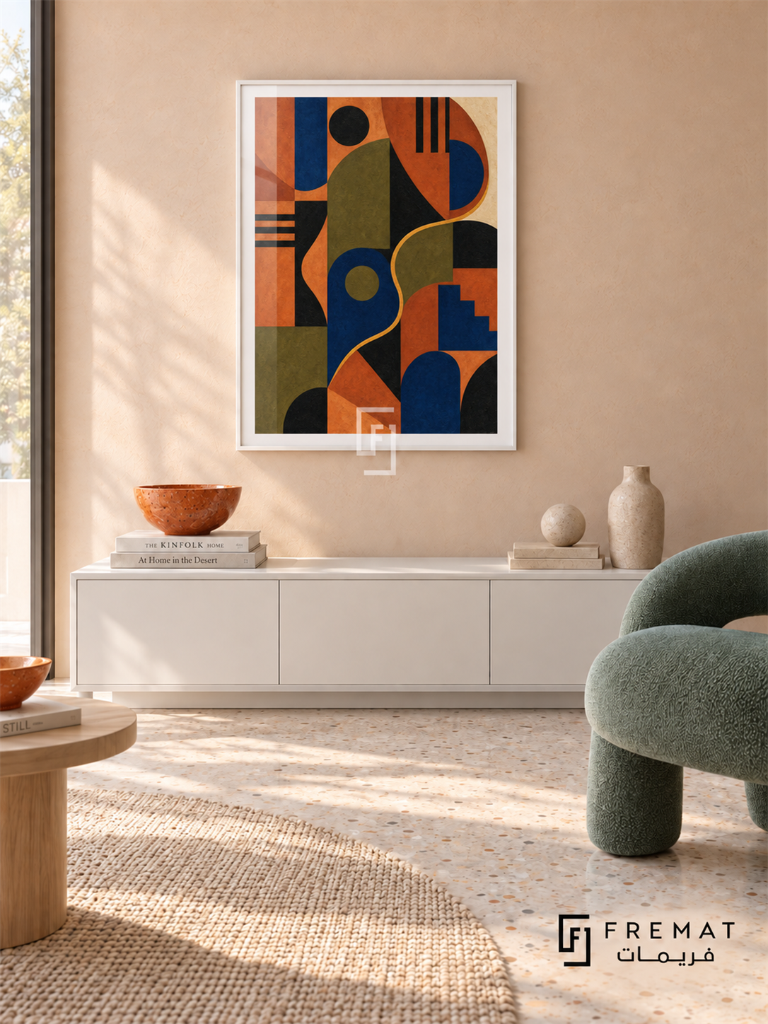 Colour Rhythm by FREMAT in a satin white PVC frame with a flat white printed border. Bright creative nook: pale peach mineral wall, 150cm satin-white storage bench, sea-green tubular lounge chair right, natural ash small side table, pale terrazzo floor, diffused noon light and orange ceramic bowl.