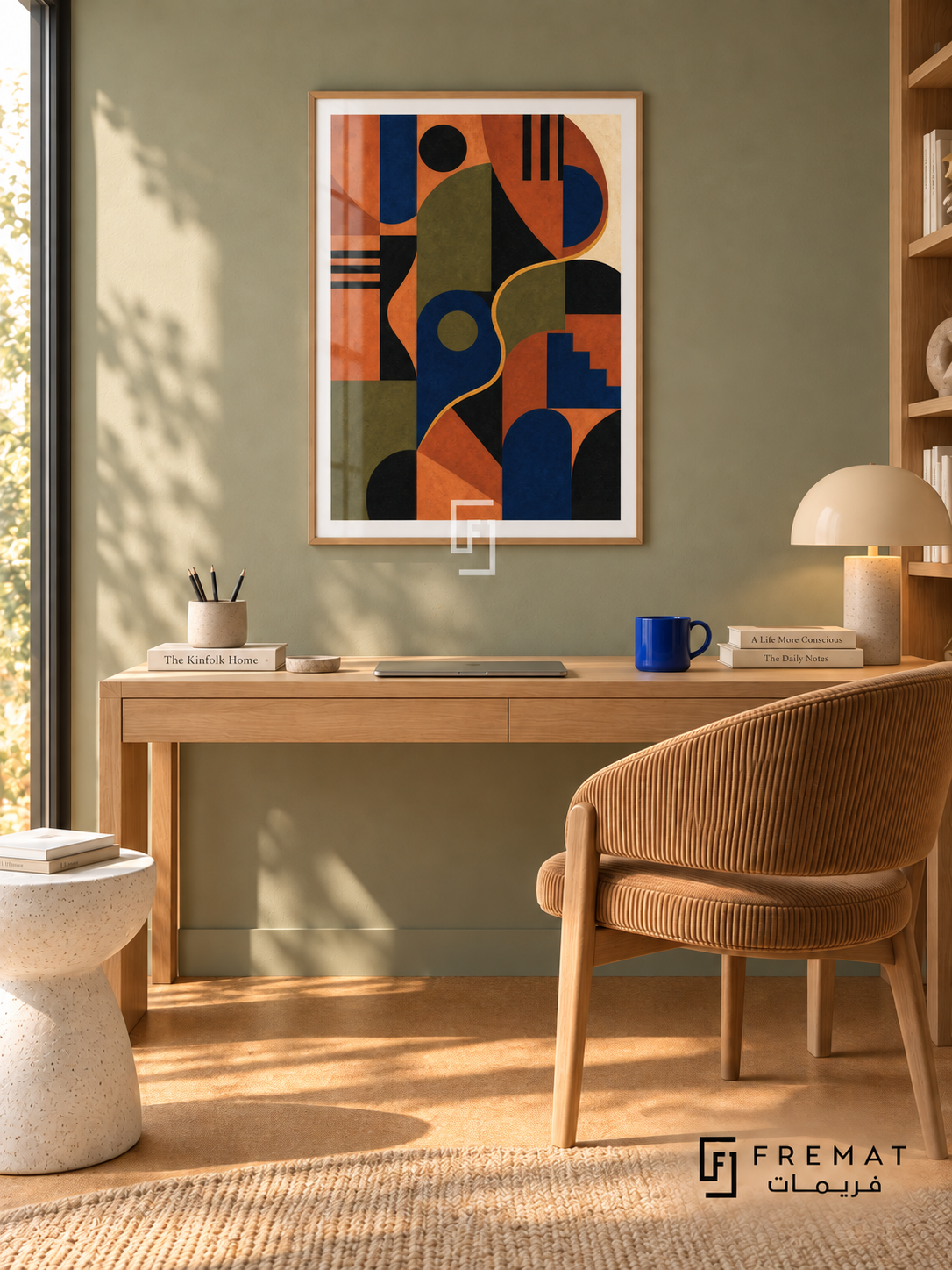 Colour Rhythm by FREMAT in a light natural wood PVC frame with a flat white printed border. Color curator home office: light sage clay wall, 150cm blond oak writing desk, tan cord chair right, white pebble stool left, warm cork floor, gentle morning light and vivid cobalt cup.