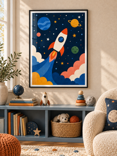 Little Rocket kids wall art with a cream and orange rocket, planets and stars on navy, in a black PVC frame.