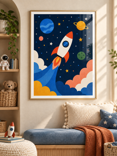 Little Rocket rocket and planets wall art in a gold-finish PVC frame.