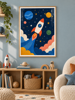 Little Rocket space-themed print in a light wooden texture PVC frame.