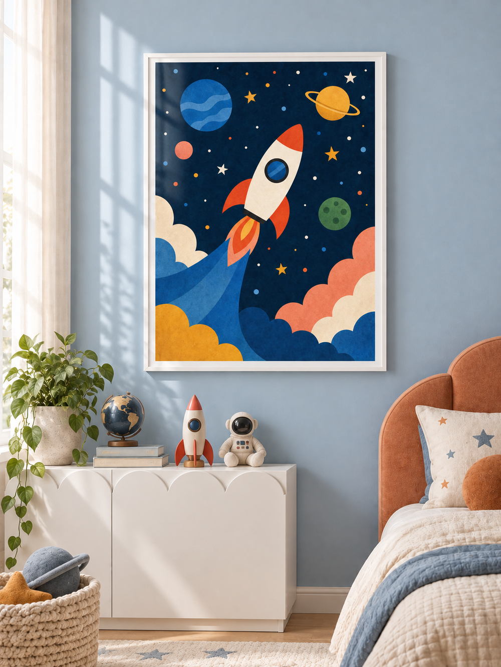 Little Rocket space print in a white PVC frame, styled in a child's room.