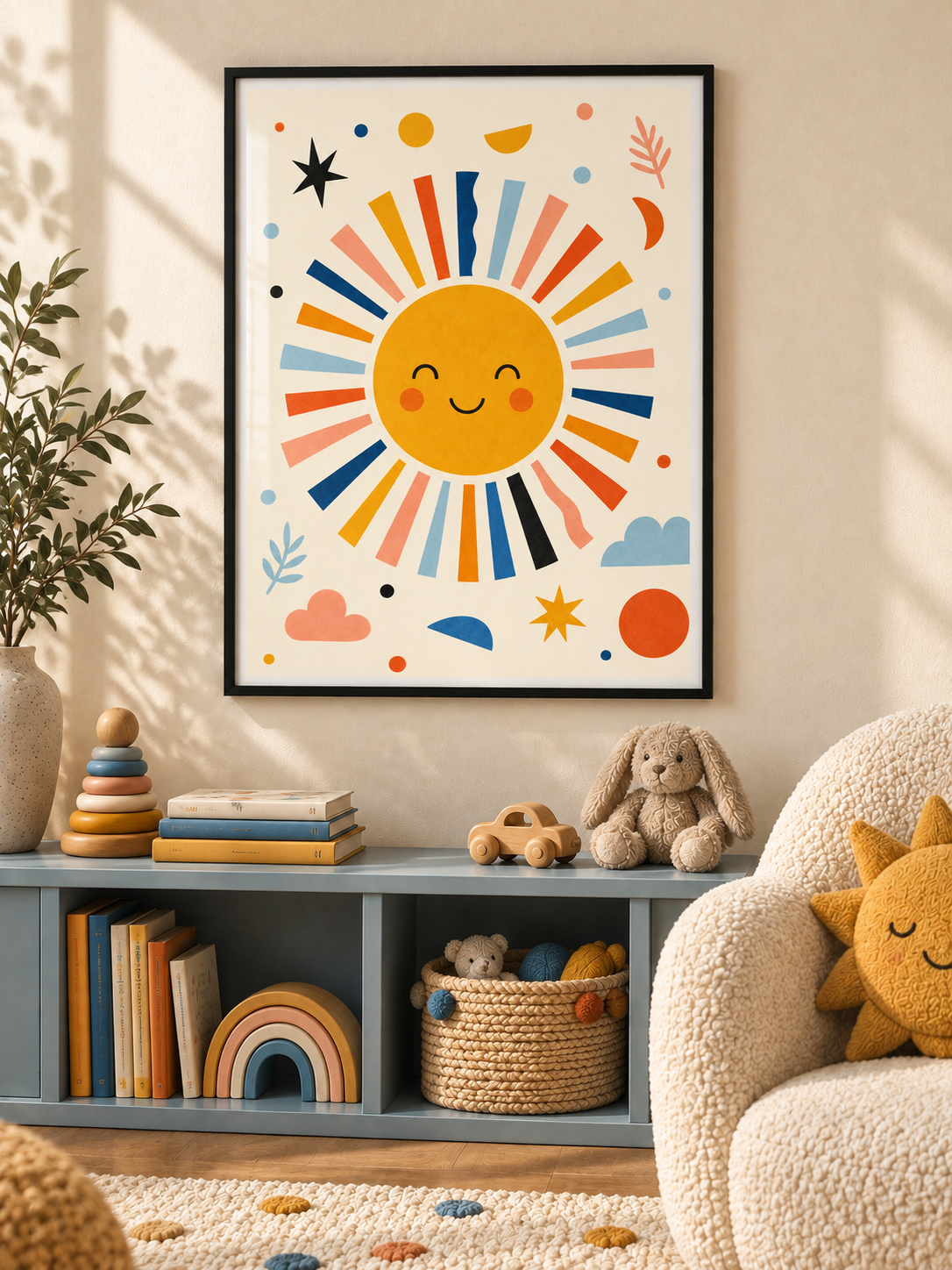 Sunny Face smiling sun print with colourful rays in a black PVC frame, styled in a child's room.