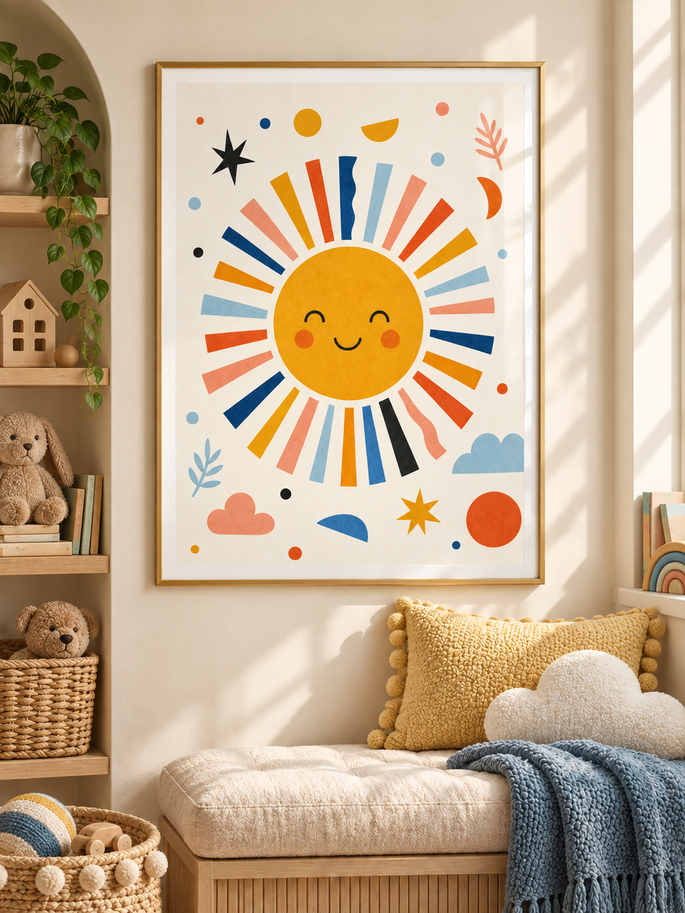 Sunny Face smiling sun print with colourful rays in a gold-finish PVC frame, styled in a child's room.