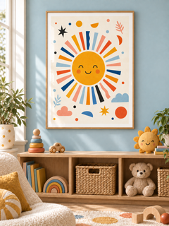 Sunny Face smiling sun print with colourful rays in a light wooden texture PVC frame, styled in a child's room.