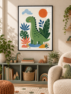 Dino Garden: a friendly green dinosaur among oversized leaves, clouds and an orange sun, in a black PVC frame.