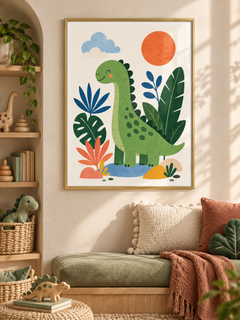 Dino Garden: a friendly green dinosaur among oversized leaves, clouds and an orange sun, in a gold-finish PVC frame.