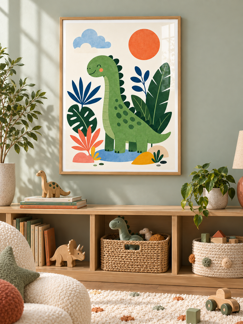 Dino Garden: a friendly green dinosaur among oversized leaves, clouds and an orange sun, in a light wooden texture PVC frame.