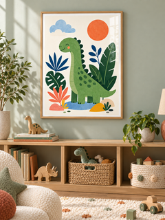 Dino Garden: a friendly green dinosaur among oversized leaves, clouds and an orange sun, in a light wooden texture PVC frame.