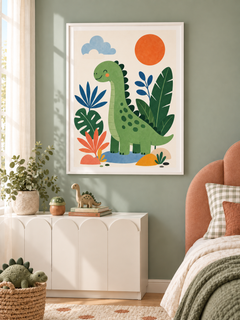 Dino Garden: a friendly green dinosaur among oversized leaves, clouds and an orange sun, in a white PVC frame.