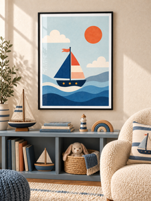 Sail Away: a colourful sailboat floating over layered blue waves beneath an orange sun, in a black PVC frame.
