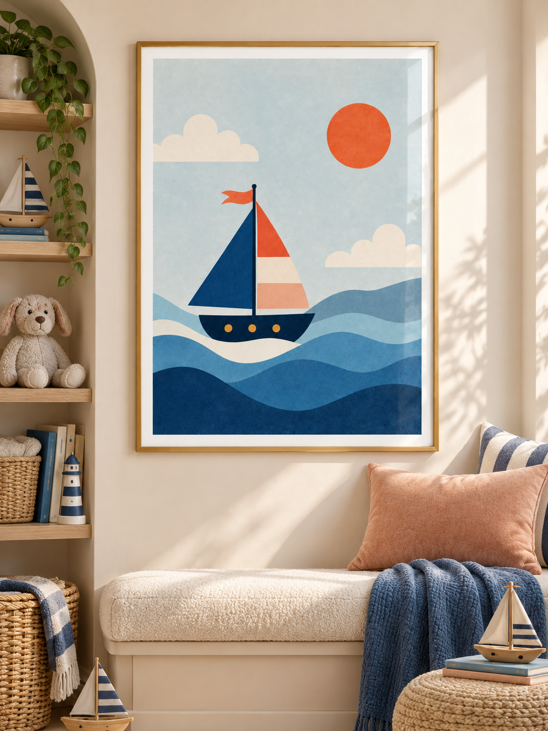 Sail Away: a colourful sailboat floating over layered blue waves beneath an orange sun, in a gold-finish PVC frame.