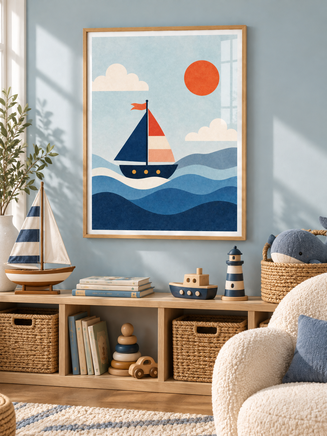 Sail Away: a colourful sailboat floating over layered blue waves beneath an orange sun, in a light wooden texture PVC frame.