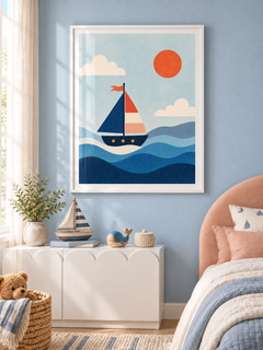 Sail Away: a colourful sailboat floating over layered blue waves beneath an orange sun, in a white PVC frame.
