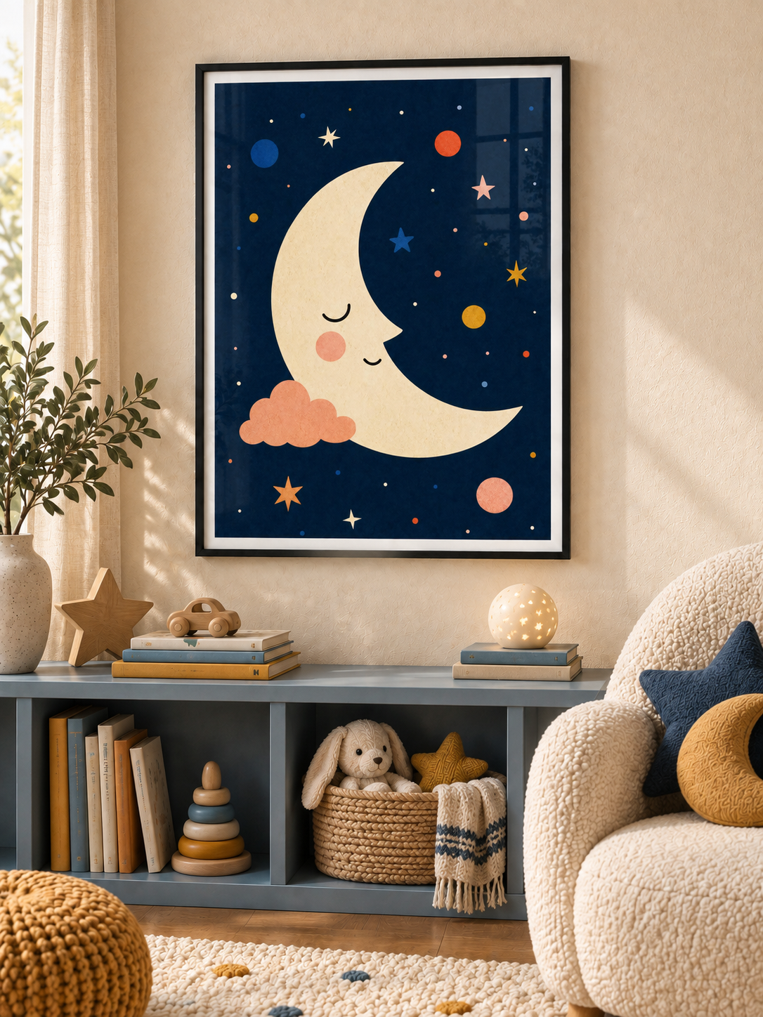 Sleepy Moon: a sleepy cream crescent moon resting beside a peach cloud in a starry navy sky, in a black PVC frame.