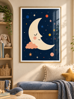 Sleepy Moon: a sleepy cream crescent moon resting beside a peach cloud in a starry navy sky, in a gold-finish PVC frame.