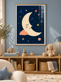 Sleepy Moon: a sleepy cream crescent moon resting beside a peach cloud in a starry navy sky, in a light wooden texture PVC frame.