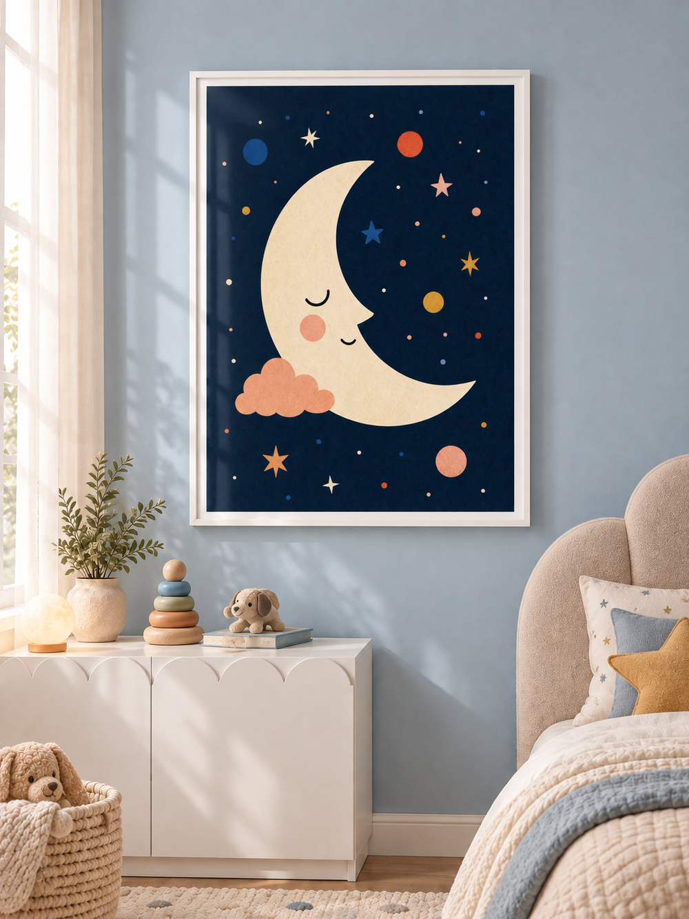 Sleepy Moon: a sleepy cream crescent moon resting beside a peach cloud in a starry navy sky, in a white PVC frame.