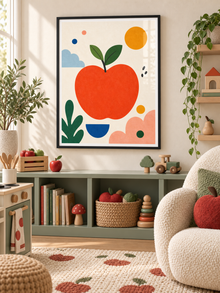Apple Day: a bold red-orange apple with green leaves, playful shapes and a golden sun, in a black PVC frame.