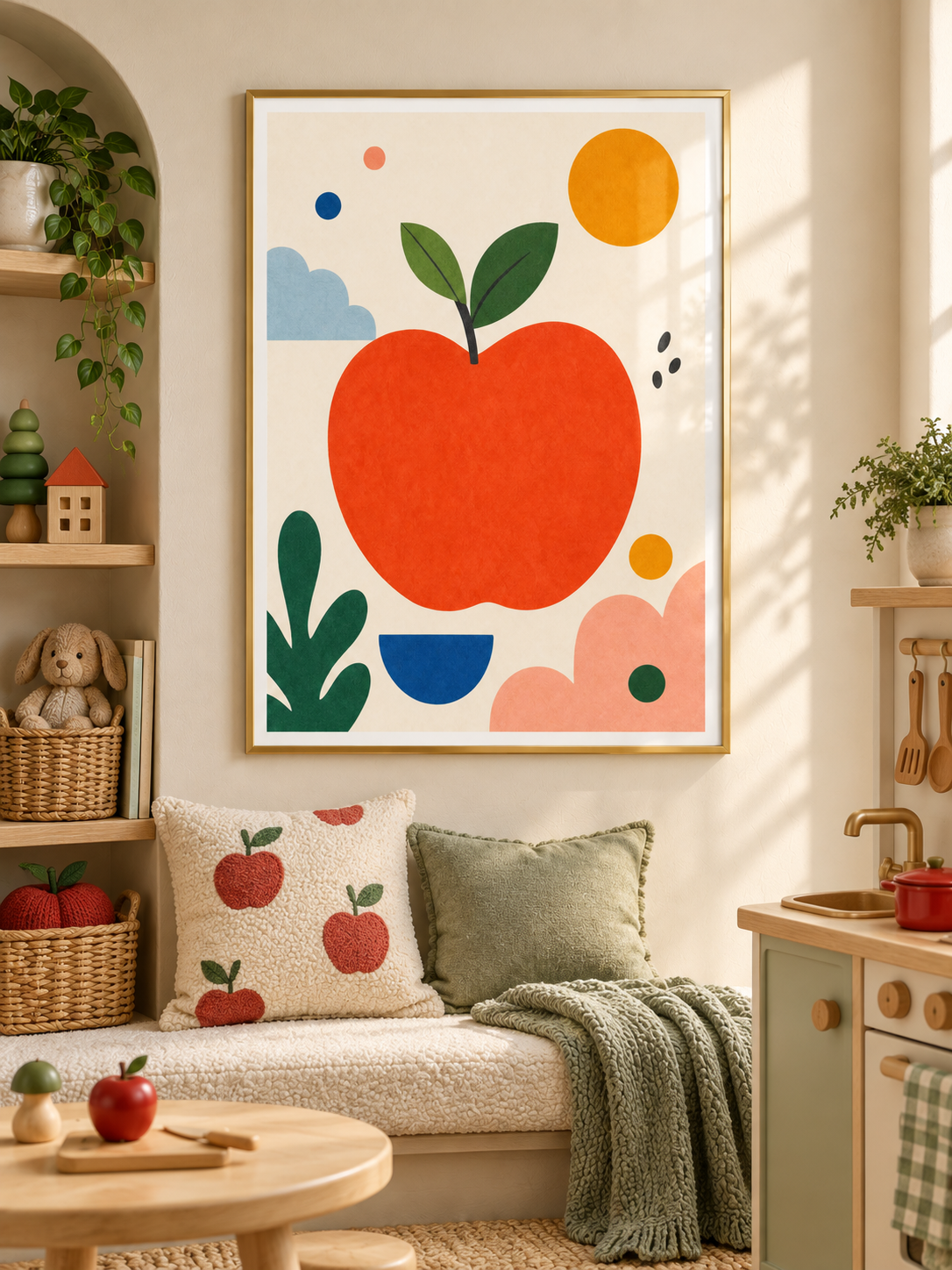 Apple Day: a bold red-orange apple with green leaves, playful shapes and a golden sun, in a gold-finish PVC frame.