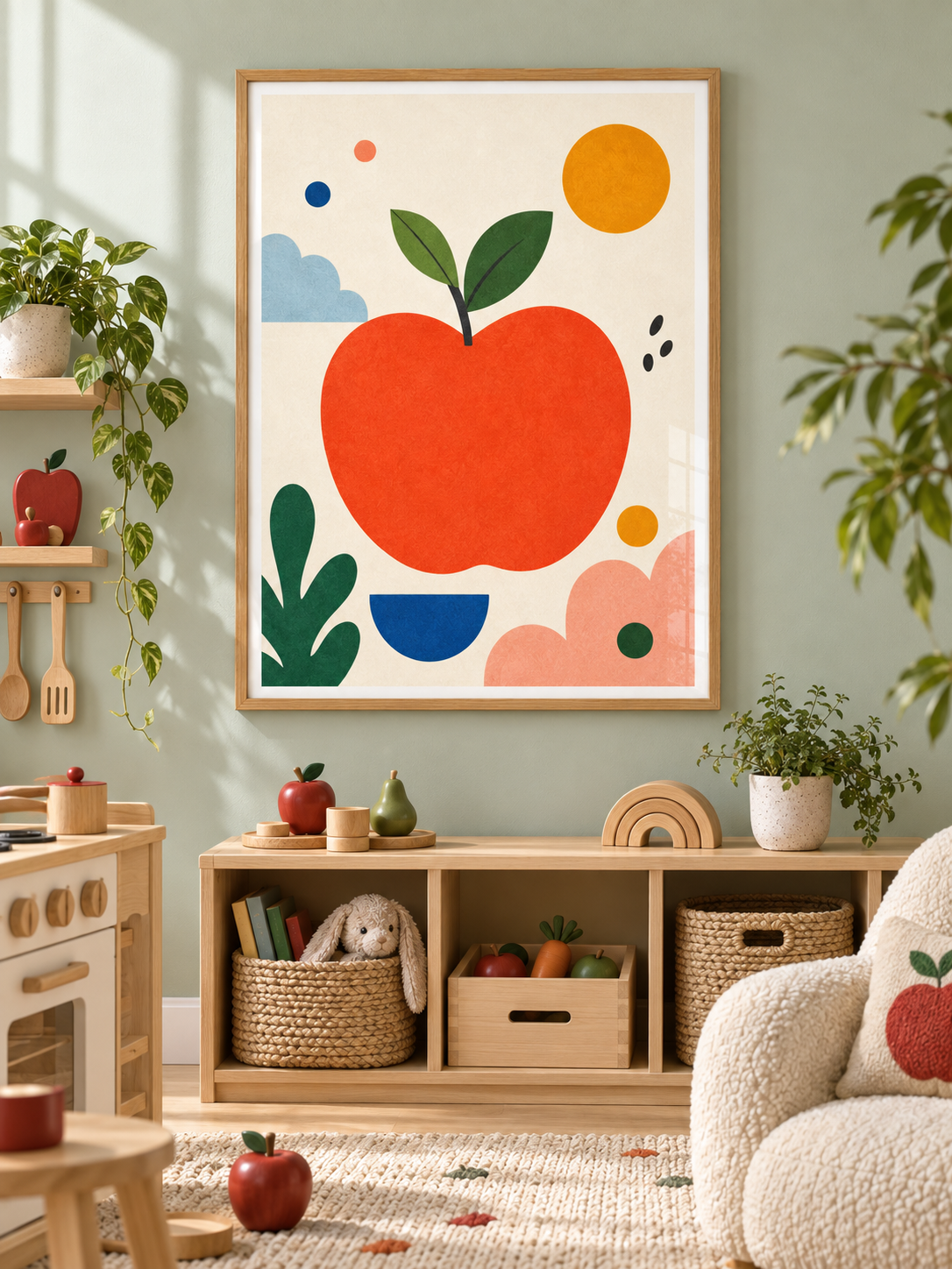 Apple Day: a bold red-orange apple with green leaves, playful shapes and a golden sun, in a light wooden texture PVC frame.