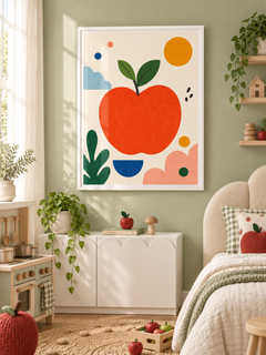 Apple Day: a bold red-orange apple with green leaves, playful shapes and a golden sun, in a white PVC frame.