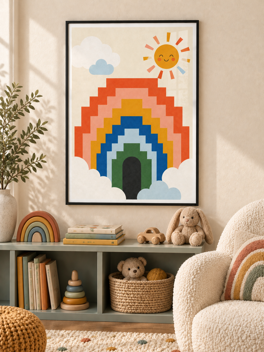 Rainbow Steps: a stepped rainbow in orange, gold, blue and green with soft clouds and a smiling sun, in a black PVC frame.
