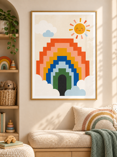 Rainbow Steps: a stepped rainbow in orange, gold, blue and green with soft clouds and a smiling sun, in a gold-finish PVC frame.