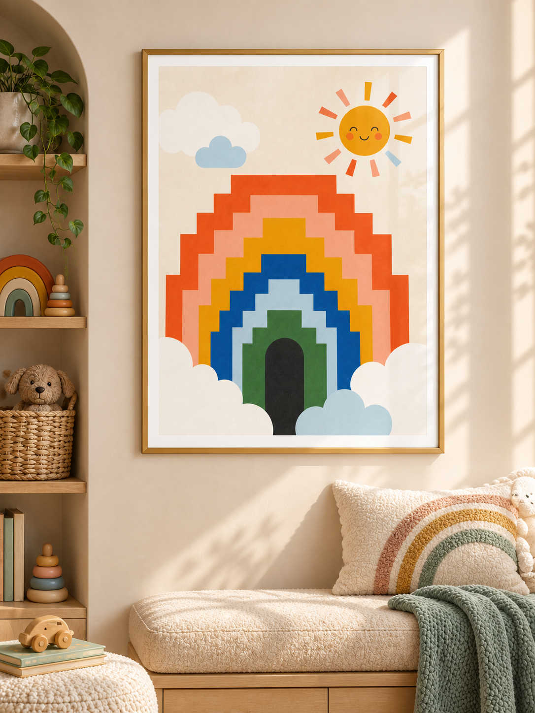 Rainbow Steps: a stepped rainbow in orange, gold, blue and green with soft clouds and a smiling sun, in a gold-finish PVC frame.