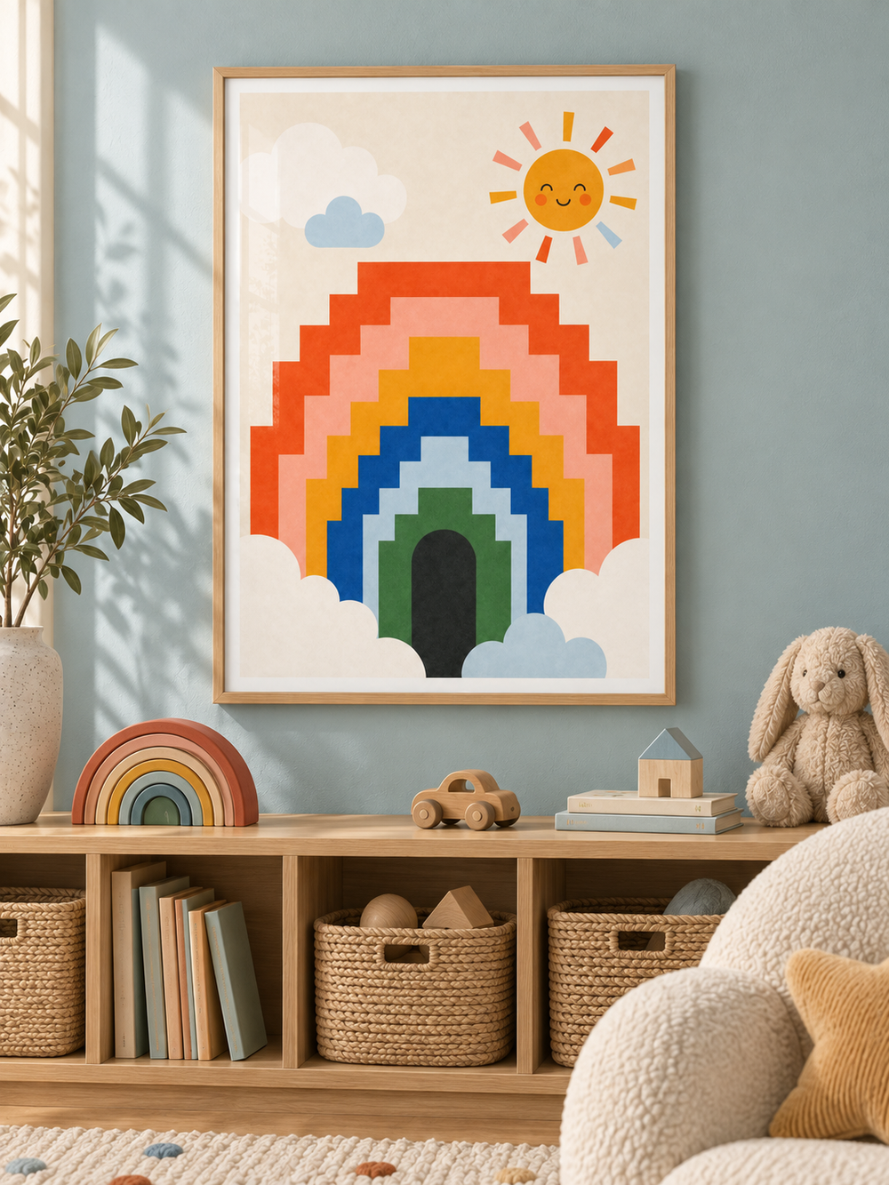 Rainbow Steps: a stepped rainbow in orange, gold, blue and green with soft clouds and a smiling sun, in a light wooden texture PVC frame.