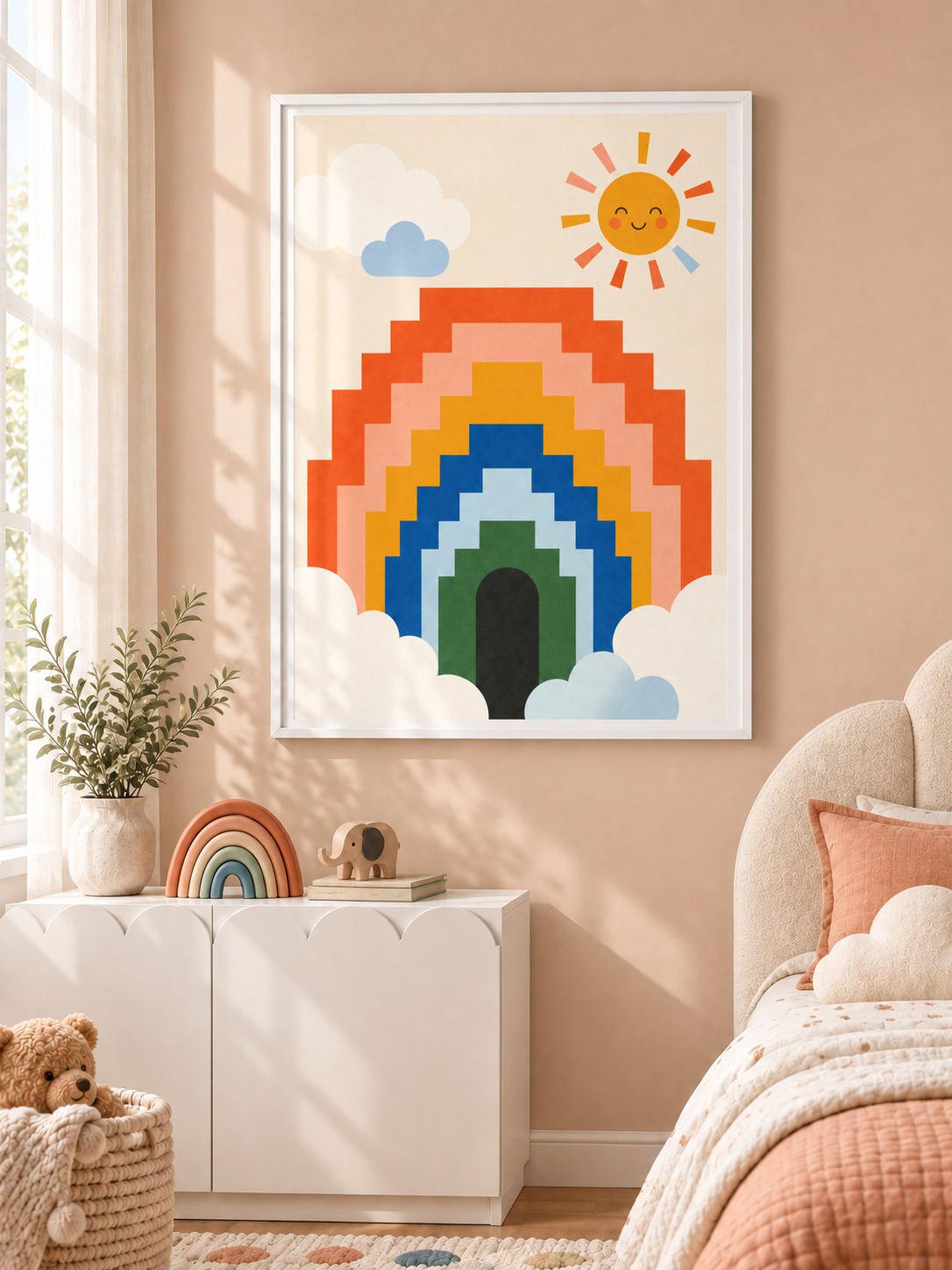 Rainbow Steps: a stepped rainbow in orange, gold, blue and green with soft clouds and a smiling sun, in a white PVC frame.