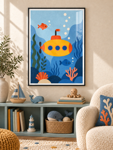 Underwater Friend: a yellow submarine exploring blue water with colourful fish, bubbles and sea plants, in a black PVC frame.