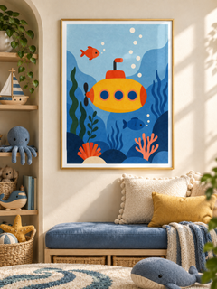 Underwater Friend: a yellow submarine exploring blue water with colourful fish, bubbles and sea plants, in a gold-finish PVC frame.