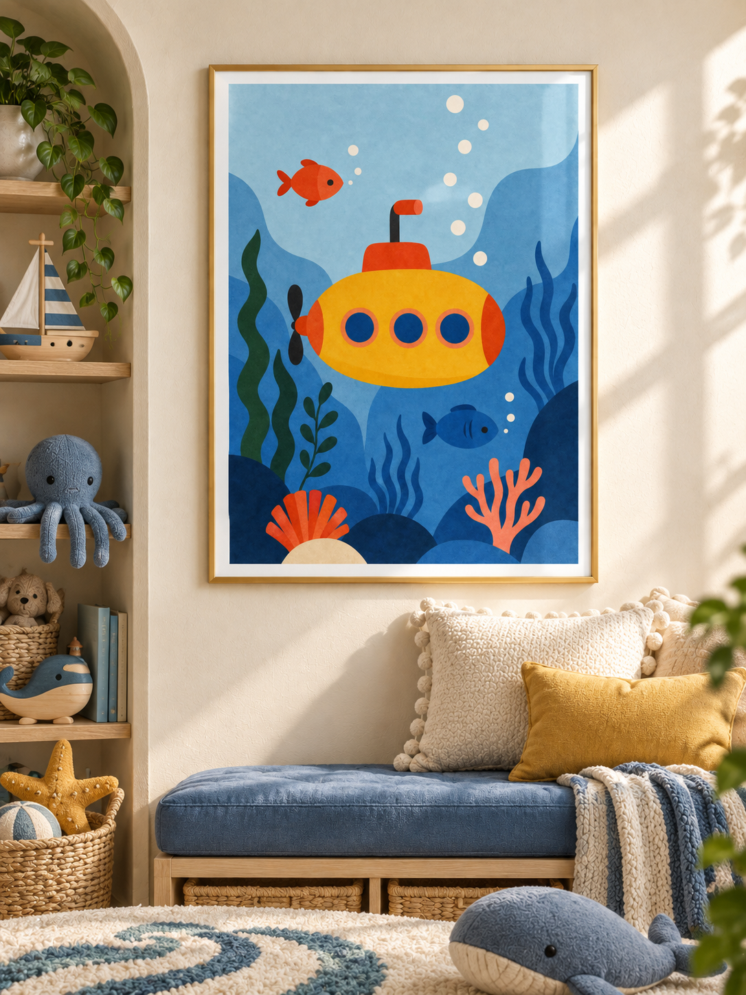 Underwater Friend: a yellow submarine exploring blue water with colourful fish, bubbles and sea plants, in a gold-finish PVC frame.
