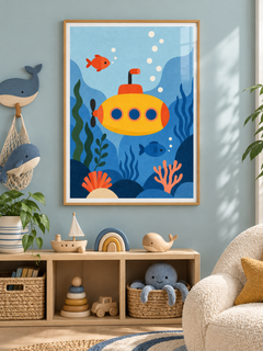 Underwater Friend: a yellow submarine exploring blue water with colourful fish, bubbles and sea plants, in a light wooden texture PVC frame.