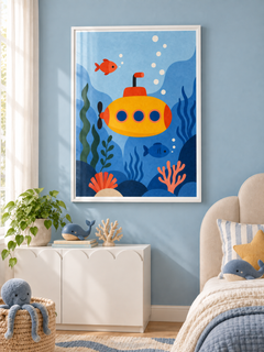 Underwater Friend: a yellow submarine exploring blue water with colourful fish, bubbles and sea plants, in a white PVC frame.