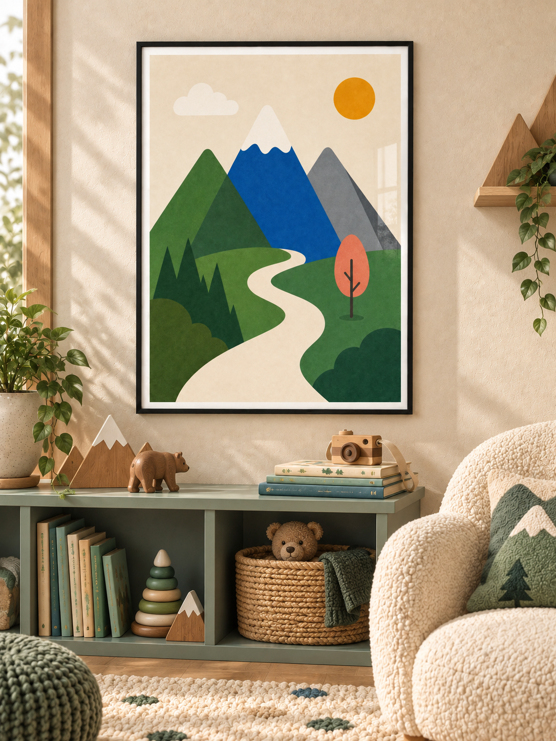 Mountain Walk: a winding cream path through green hills toward blue and grey mountains under a golden sun, in a black PVC frame.