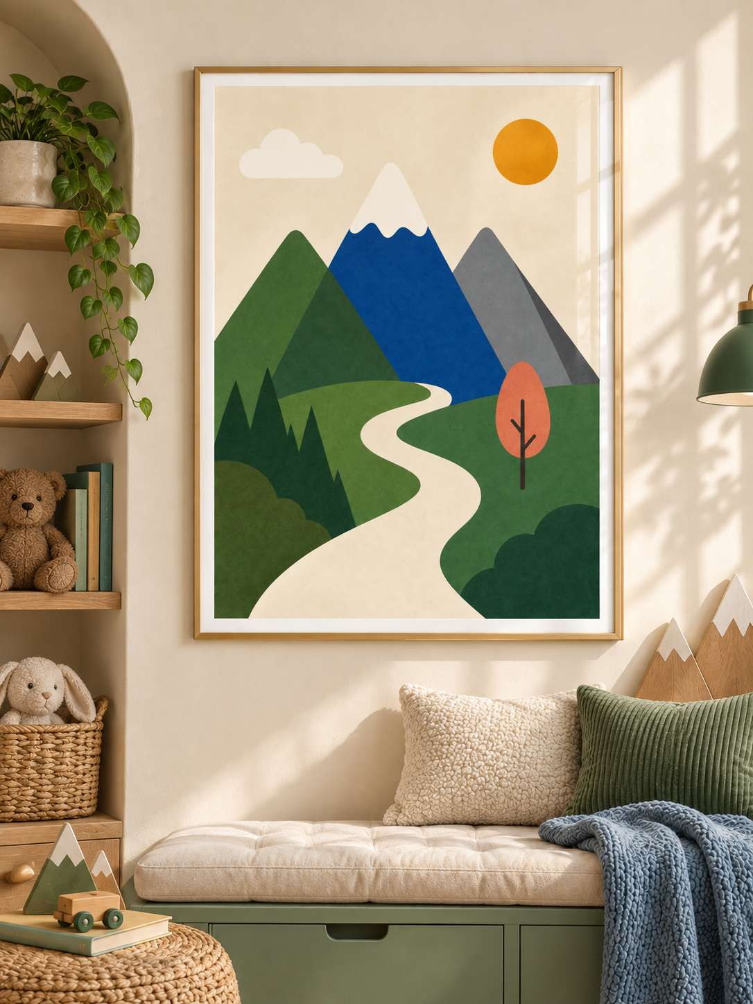 Mountain Walk: a winding cream path through green hills toward blue and grey mountains under a golden sun, in a gold-finish PVC frame.