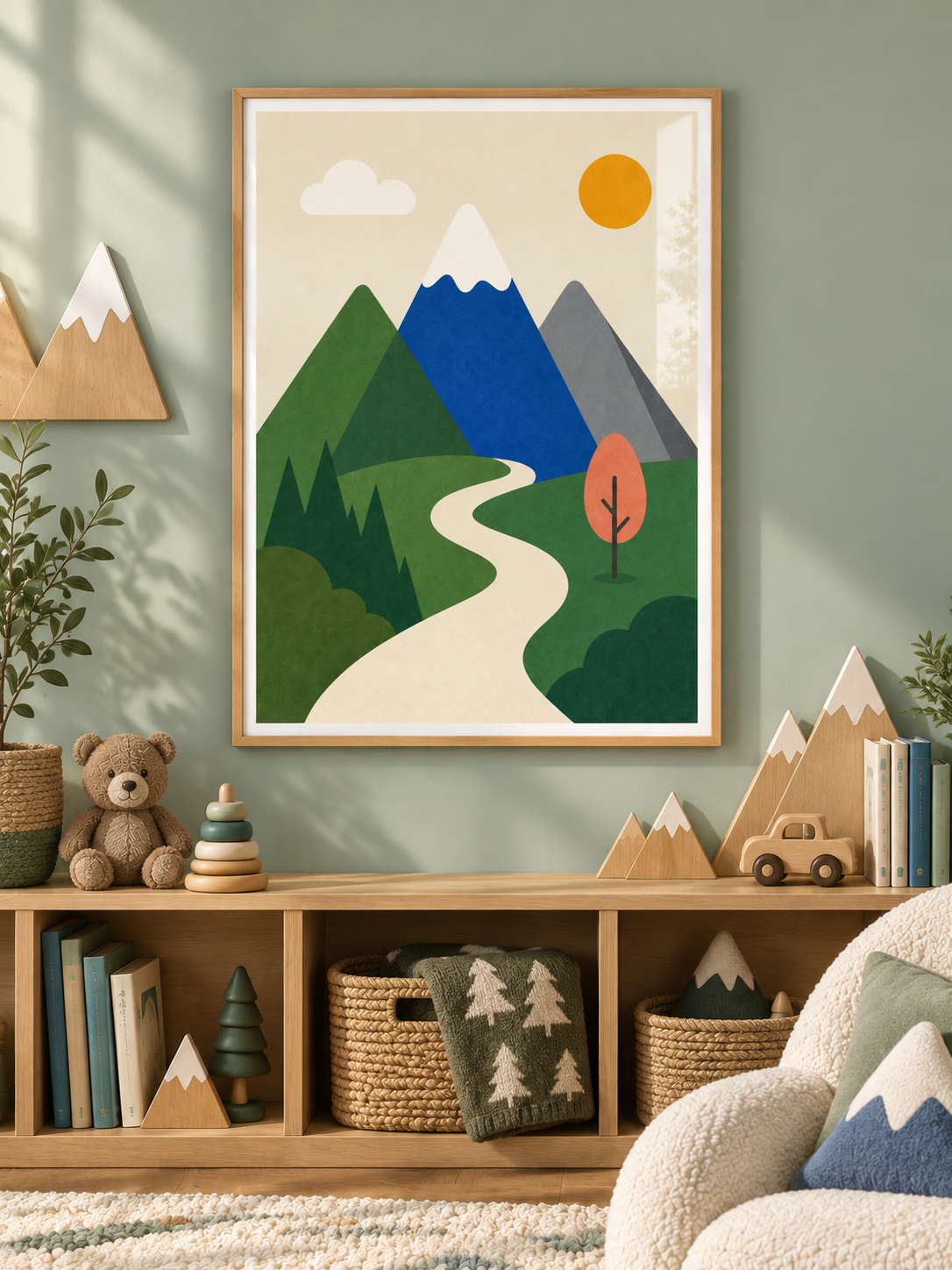 Mountain Walk: a winding cream path through green hills toward blue and grey mountains under a golden sun, in a light wooden texture PVC frame.