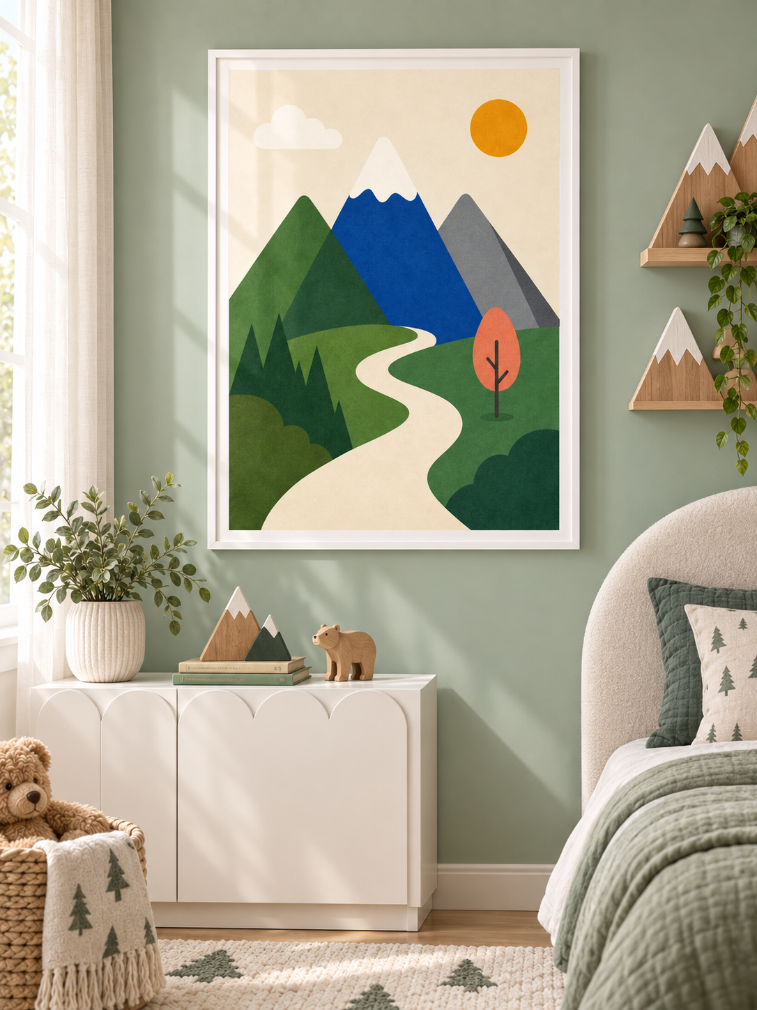 Mountain Walk: a winding cream path through green hills toward blue and grey mountains under a golden sun, in a white PVC frame.