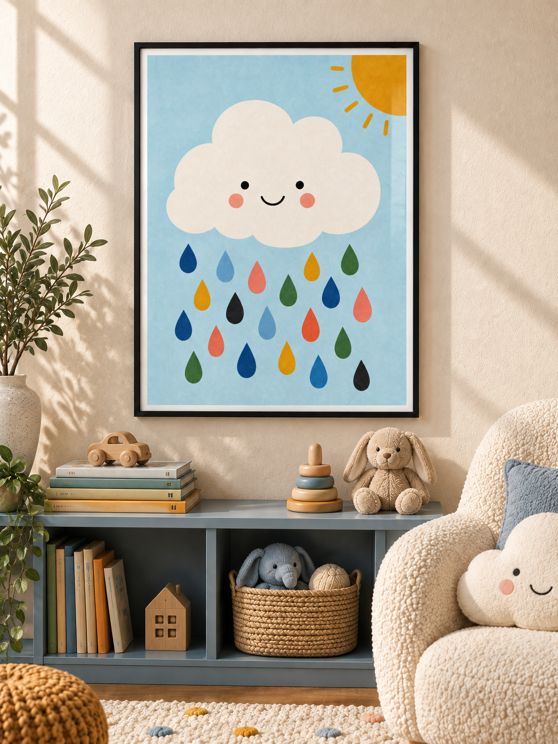 Happy Cloud: a smiling cream cloud with colourful raindrops and a golden sun against a soft blue sky, in a black PVC frame.