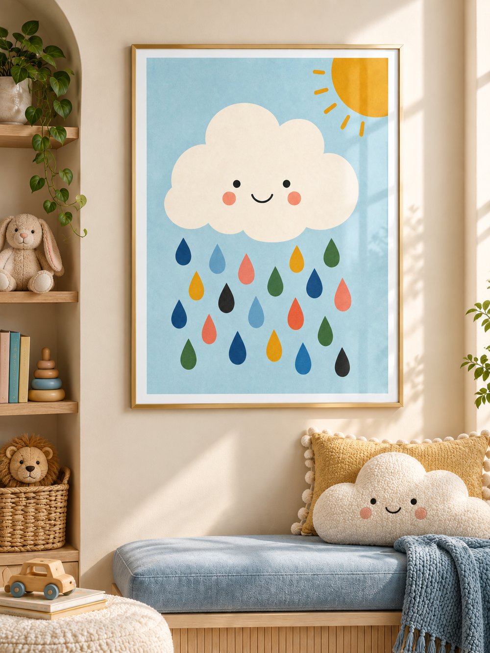 Happy Cloud: a smiling cream cloud with colourful raindrops and a golden sun against a soft blue sky, in a gold-finish PVC frame.
