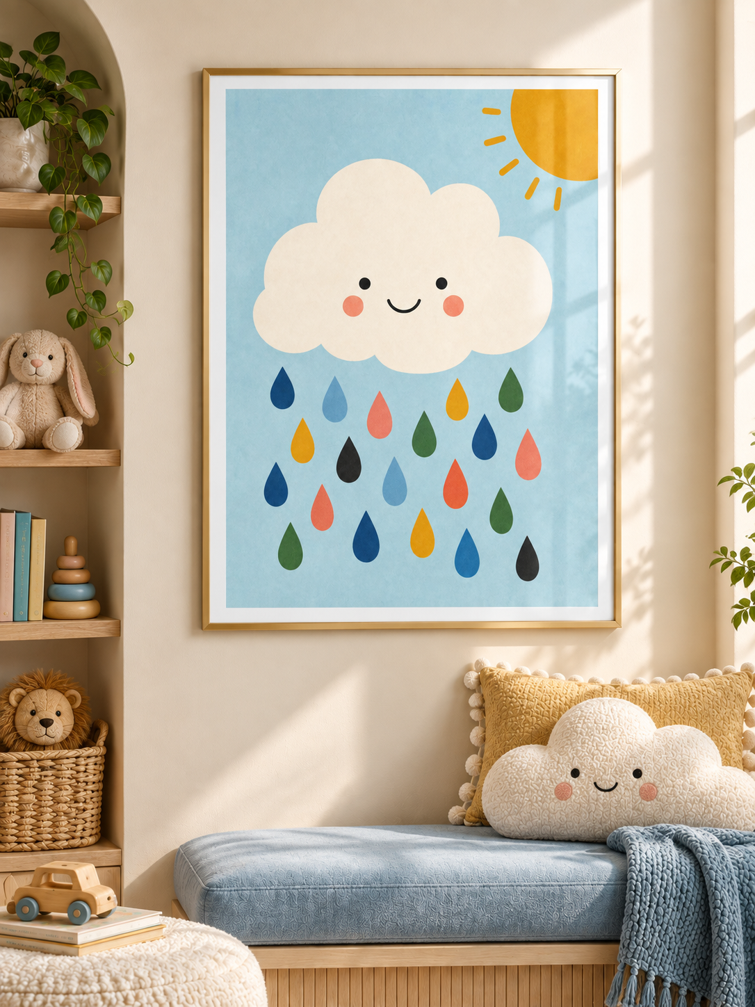 Happy Cloud: a smiling cream cloud with colourful raindrops and a golden sun against a soft blue sky, in a gold-finish PVC frame.
