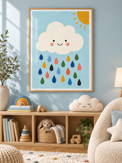 Happy Cloud: a smiling cream cloud with colourful raindrops and a golden sun against a soft blue sky, in a light wooden texture PVC frame.